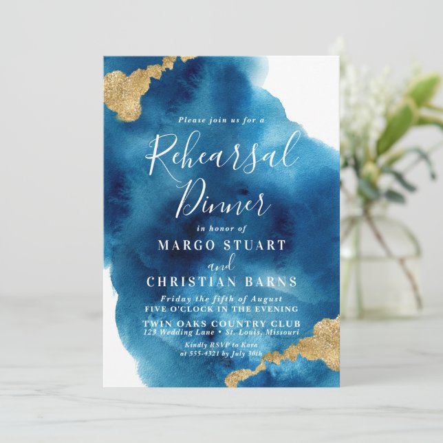 Blue & Gold Watercolor Rehearsal Dinner Invitation (Standing Front)