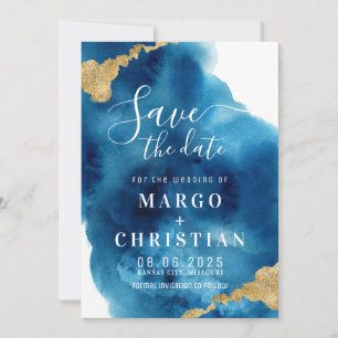 Blue & Gold Watercolor Save The Date Invitation