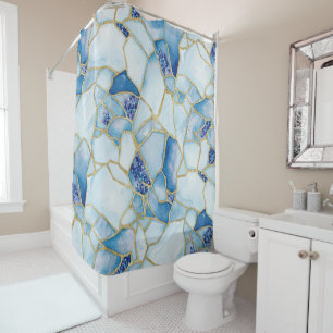 Blue Gold Watercolor Sea Glass Mosaic Pattern Shower Curtain