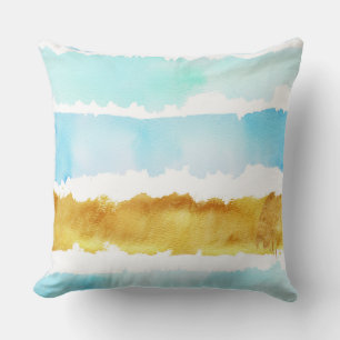 Blue & Gold Watercolor Striped Throw Pillow