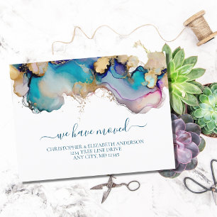 Blue Gold Watercolor Wash Splash Abstract Moving Announcement Postcard