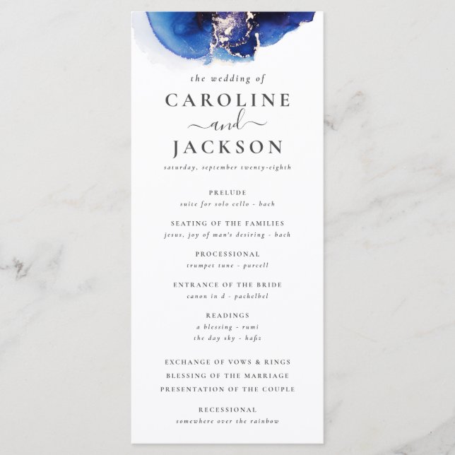 Blue Gold Watercolor Wedding Program (Front)