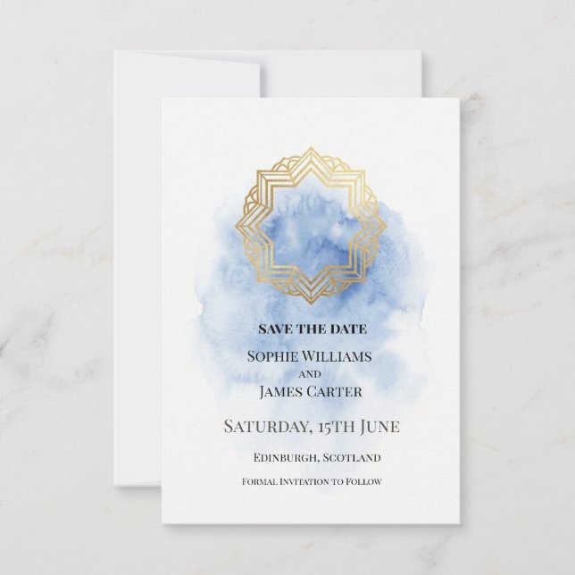 Blue Gold Watercolor Wedding Save The Date (Front)