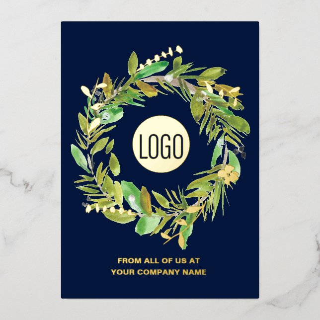 Blue Gold Watercolor wreath Custom Logo  Foil Holiday Card (Front)
