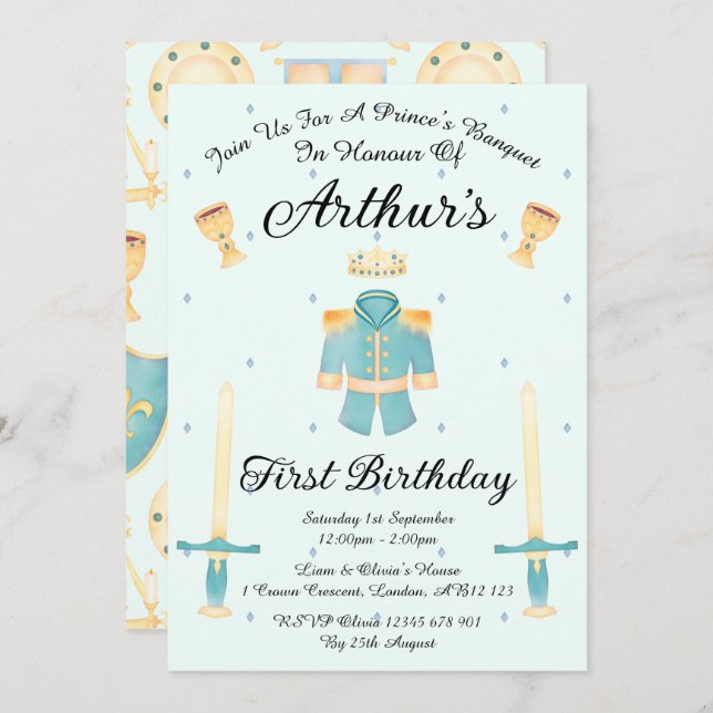 Blue & Gold Watercolour Little Prince Birthday Invitation (Front/Back)