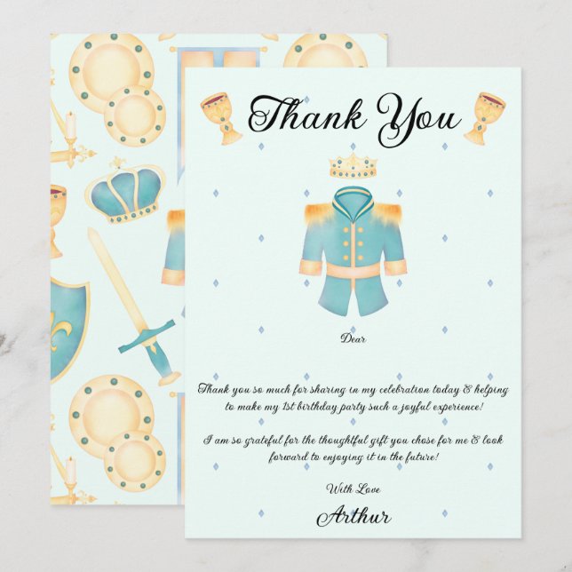 Blue & Gold Watercolour Little Prince Birthday Thank You Card (Front/Back)