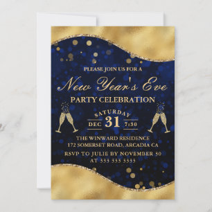 Blue & Gold Wave Border New Year's Eve Party Invitation