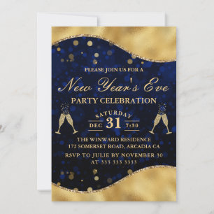 Blue & Gold Wave Border New Year's Eve Party Invitation