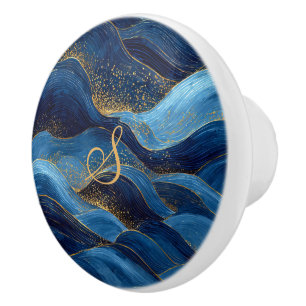 Blue Gold Wave Monogram Art Design Ceramic Knob