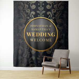 Blue Gold Wedding Photo Backdrop Elegant Damask Tapestry