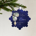Blue gold white baubles Christmas Tree Decoration Card<br><div class="desc">A navy blue,  uneven coloured background. Decorated with white and gold baubles and some greenery and a pine cone.  Personalise and add your name,  year.  Text: Merry Christmas</div>