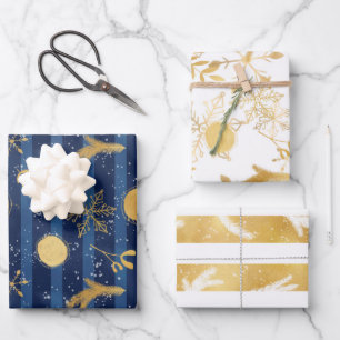 Blue Gold White Christmas Holiday Pattern Wrapping Paper Sheet
