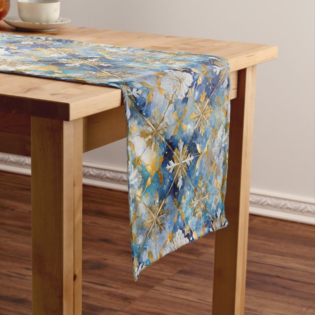 Blue Gold White Christmas Snowflakes Short Table Runner (In Situ)