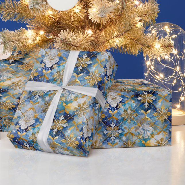 Blue Gold White Christmas Snowflakes Wrapping Paper (Holidays)