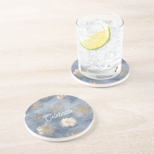 Blue Gold White Fireworks Celebrate Coaster