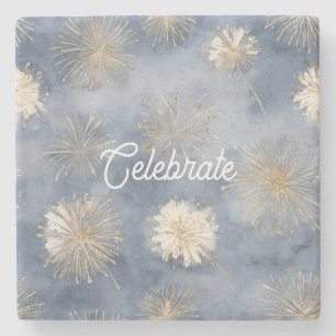 Blue Gold White Fireworks Celebrate Stone Coaster