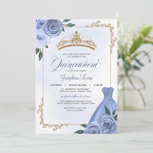 Blue Gold & White Floral Tiara Quinceañera  Invitation (Standing Front)