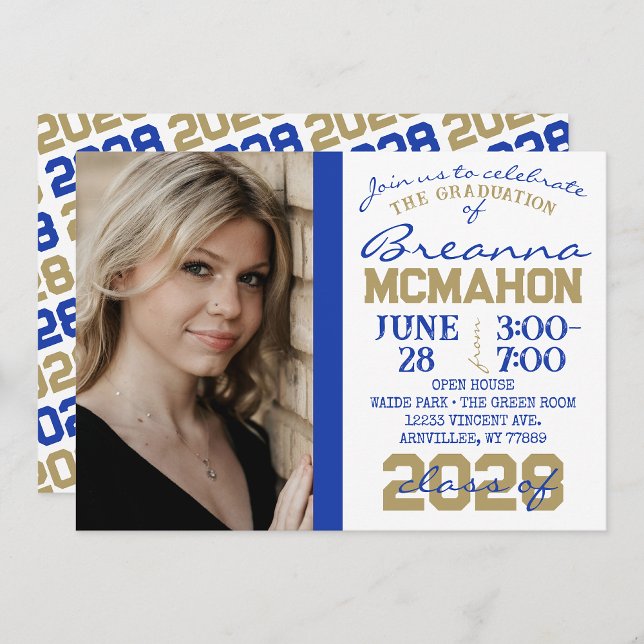 Blue, Gold & White Graduation Photo Invitation (Blue & Bronze Gold 1 Photo Graduation Invitation with Repeating Class Year Back)