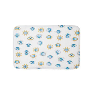 Blue, Gold & White Greek Eye Mati Pattern Bath Mat