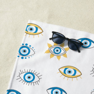 Blue, Gold & White Greek Eye Mati Pattern Beach Towel
