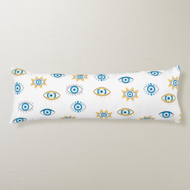 Blue, Gold & White Greek Eye Mati Pattern Body Cushion (Front)