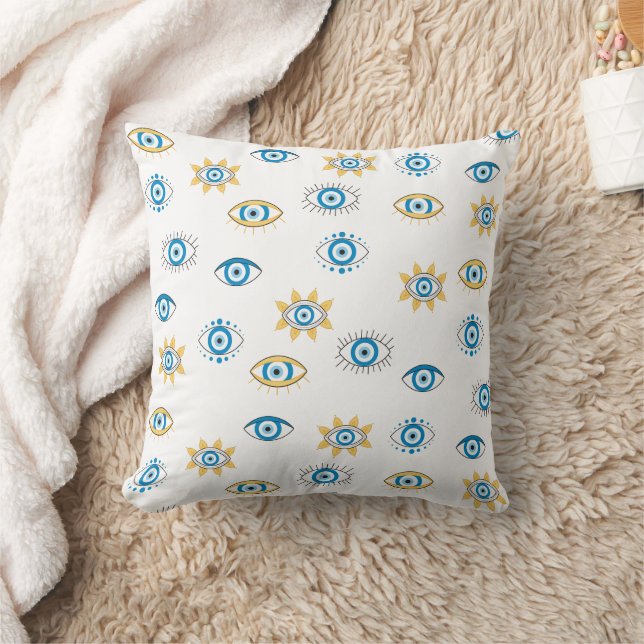 Blue, Gold & White Greek Eye Mati Pattern Cushion (Blanket)
