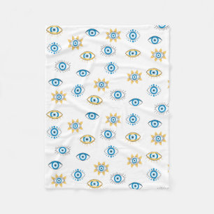 Blue, Gold & White Greek Eye Mati Pattern Fleece Blanket