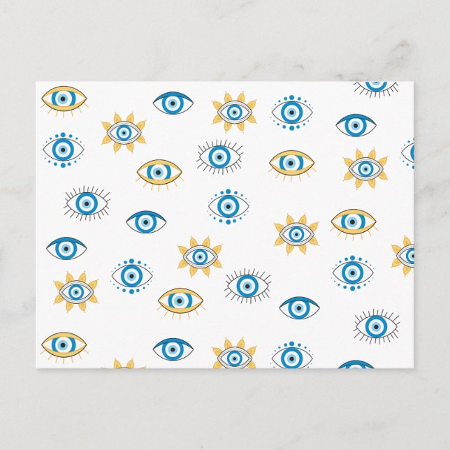 Blue, Gold & White Greek Eye Mati Pattern Holiday Postcard (Front)