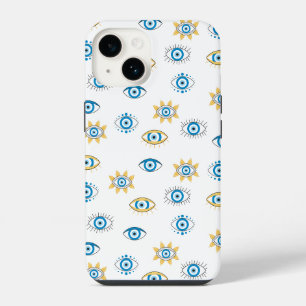 Blue, Gold & White Greek Eye Mati Pattern iPhone 14 Case