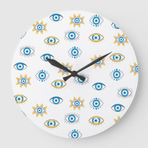 Blue, Gold & White Greek Eye Mati Pattern Large Clock