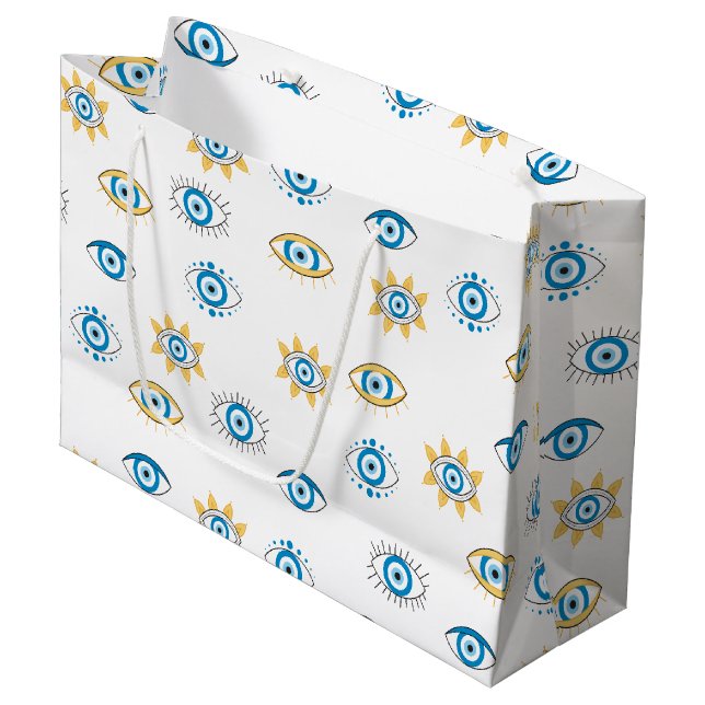 Blue, Gold & White Greek Eye Mati Pattern Large Gift Bag (Front Angled)