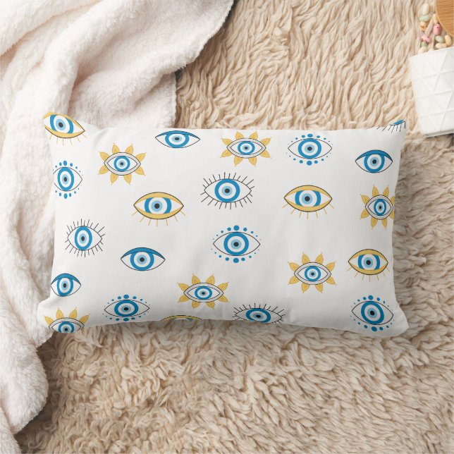 Blue, Gold & White Greek Eye Mati Pattern Lumbar Cushion (Blanket)