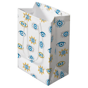Blue, Gold & White Greek Eye Mati Pattern Medium Gift Bag