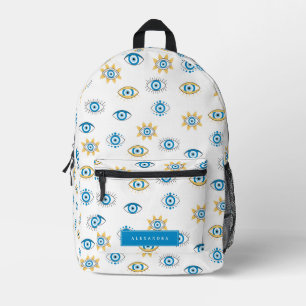 Blue, Gold & White Greek Eye Mati Pattern Printed Backpack