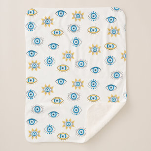 Blue, Gold & White Greek Eye Mati Pattern Sherpa Blanket