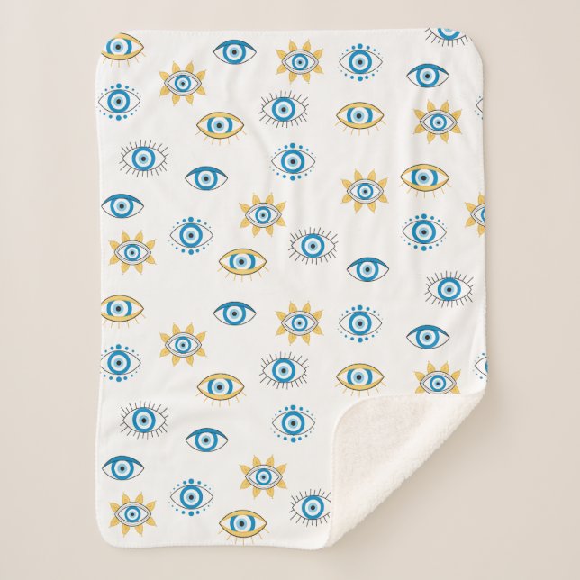 Blue, Gold & White Greek Eye Mati Pattern Sherpa Blanket (Front)