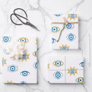 Blue, Gold & White Greek Eye Mati Pattern Wrapping Paper Sheet