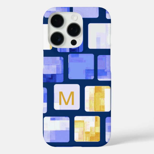 Blue Gold White Mosaic Monogram iPhone Case (Back)