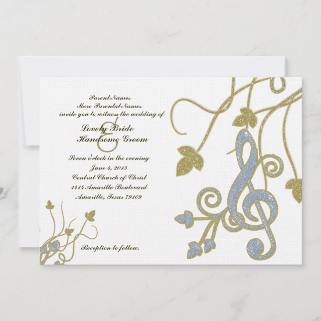 Blue Gold White Music Wedding Invitation (Front)