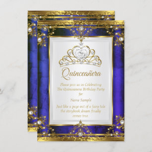 Blue Gold White Pearl Princess Quinceanera Invitation