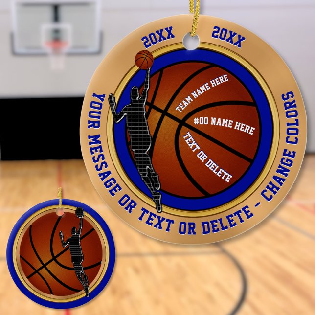 Blue Gold White Personalised Basketball Ornaments (Gifts for Basketball Boys. Basketball Ornaments. Blue and Gold. Personalized Basketball Ornaments.)