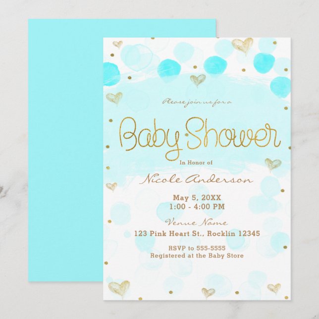 Blue Gold White Polka Dots & Hearts Baby Shower Invitation (Front/Back)