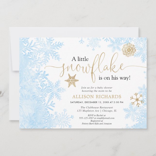 Blue gold white snowflake winter boy baby shower invitation (Front)