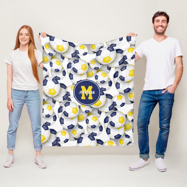 blue gold white soccer balls boys girls sporty fleece blanket (In Situ)