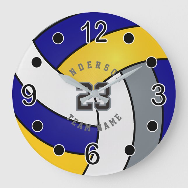 Blue, Gold & White Volleyball Style with DIY Text Large Clock (Front)