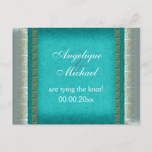 Blue gold white wedding anniversary announcement postcard (Front)