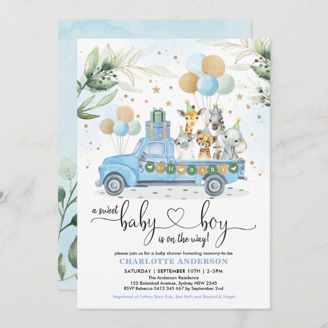 Blue Gold Wild Jungle Animal Sweet Baby Boy Shower Invitation (Front/Back)