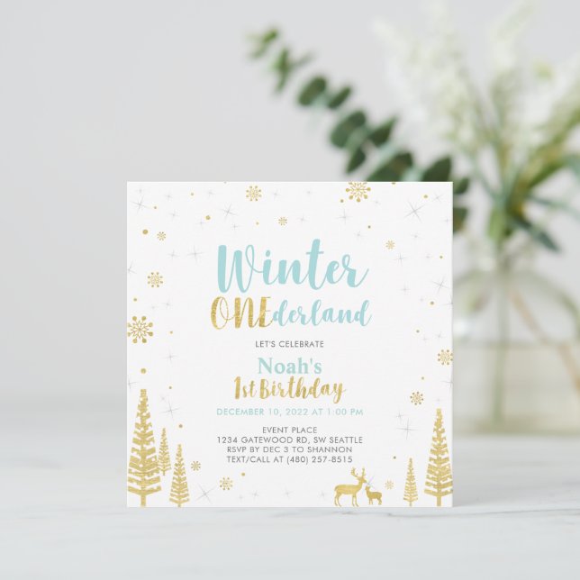 Blue & Gold Winter Onederland 1st First Birthday Invitation (Standing Front)