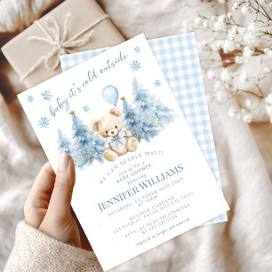 Blue Gold Winter Trees Teddy Bear Baby Boy Shower Invitation
