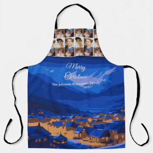 Blue Gold Winter Village Family Christmas Photo Apron